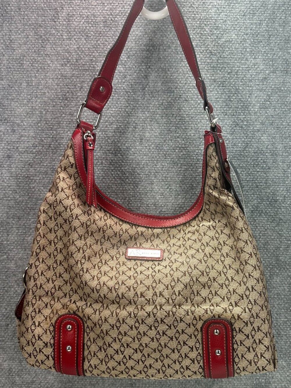 NWT AK Anne Klein Monogram Hobo Shoulder Bag Red Tan MSRP $68